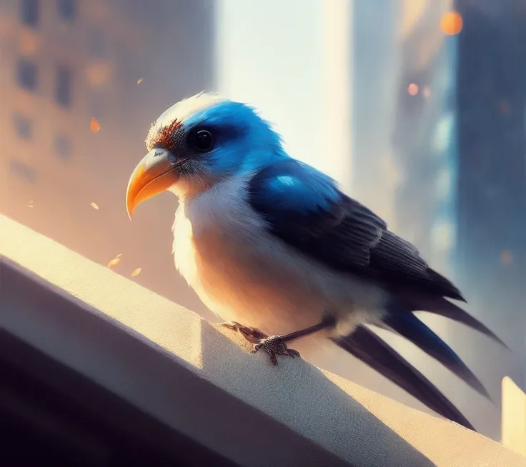 closeup angle of cute bird sitting on top of a really high skyscraper corner, with a worm in its beak, a detailed painting, cgsociety, detailed painting, artstation hd, high detail, cgsociety, photorealism, concept art, artstation hd, official art, bokeh, subsurface scattering