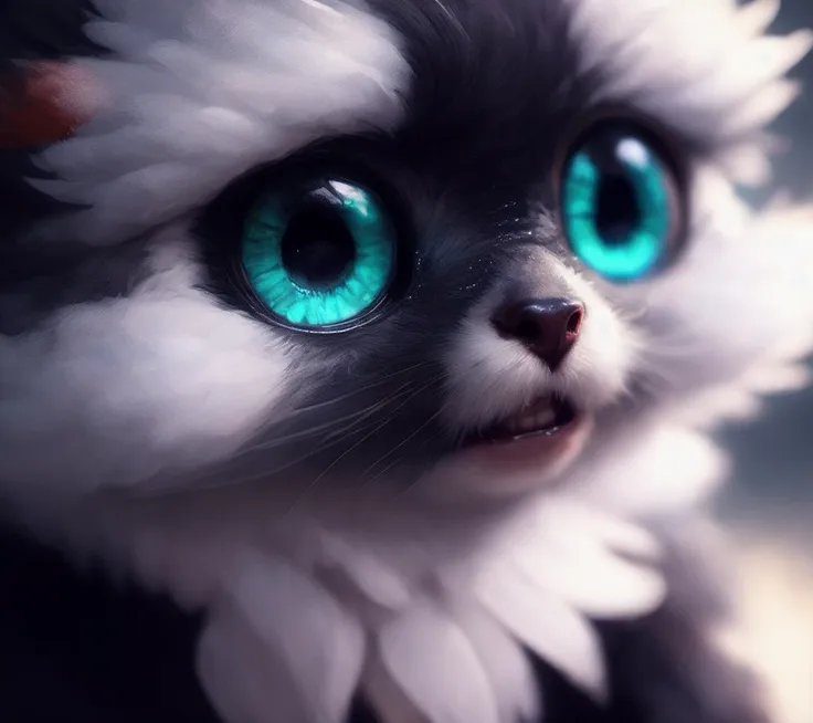 closeup angle of an incredibly cute fluffy monster with big dramatic eyes, a detailed painting, cgsociety, detailed painting, artstation hd, high detail, cgsociety, photorealism, concept art, artstation hd, official art