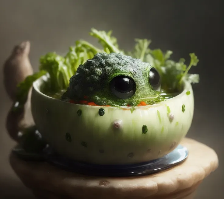 closeup angle of an incredibly cute vegetable creatures with big dramatic eyes, (in a soup bowl), a detailed painting, cgsociety, detailed painting, artstation hd, high detail, cgsociety, photorealism, concept art, artstation hd, official art