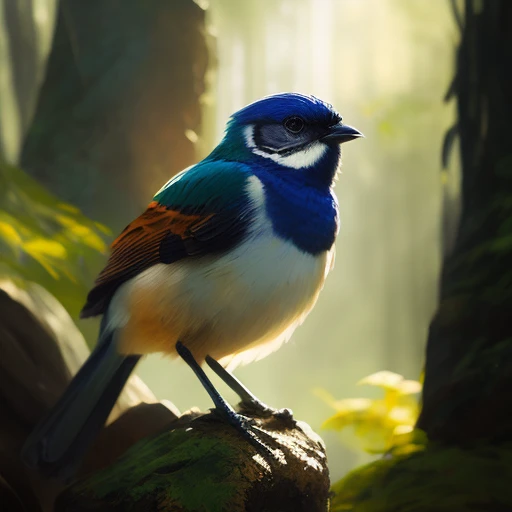 oil paint, forest environment art, bird on rock, block print paint portrait, posed character design study, backlit, light rays, highly detailed, trending on artstation