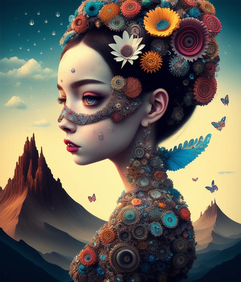 Digital art by Ray Caesar and Hannah Hch and Stephen Burrows, of a beautiful young woman in an action pose, centered in frame, wide shot, perky breasts, mask, pop surrealism, neo-dada, spectacular, spectacle, masterpiece, private collection, curated collection, behance, 3d render, cracked clay, gothic, bright colors, oversaturated, depth, spirals, fibonacci sequences, shells, wings, butterflies, flowers, gears, tunnels, surreal environment, fractals geometry, game assets, city scene, modern makeup, long eyelashes, rain drops, chiffon dress, rococo, bracelets, punk rock, subversive art, dirty, grime, dingey, mid cut jeans, specular highlights, reflections, ambient occlusion render, detailed, Marching squares, ((iso lines)), armature, detailed, elaborate, complex, desert, mountains, carriages, cars, stormy sky, moonlight