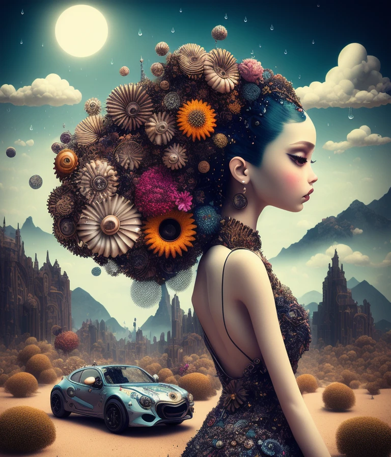 Digital art by Ray Caesar and Hannah Hch and Stephen Burrows, of a beautiful young woman in an action pose, centered in frame, wide shot, perky breasts, mask, pop surrealism, neo-dada, spectacular, spectacle, masterpiece, private collection, curated collection, behance, 3d render, cracked clay, gothic, bright colors, oversaturated, depth, spirals, fibonacci sequences, shells, wings, butterflies, flowers, gears, tunnels, surreal environment, fractals geometry, game assets, city scene, modern makeup, long eyelashes, rain drops, chiffon dress, rococo, bracelets, punk rock, subversive art, dirty, grime, dingey, mid cut jeans, specular highlights, reflections, ambient occlusion render, detailed, Marching squares, ((iso lines)), armature, detailed, elaborate, complex, desert, mountains, carriages, cars, stormy sky, moonlight
