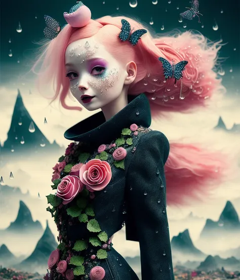 Digital art by Ray Caesar and Hannah Hch and Yohji Yamamoto, of a beautiful young woman in an action pose, pink hair, smile, centered in frame, wide shot, perky breasts, mask, pop surrealism, neo-dada, spectacular, spectacle, psychedelic, forced perspective, feminist art, empowering, masterpiece, private collection, curated collection, ((rose ivy)), behance, 3d render, cracked clay, gothic, bright colors, oversaturated, depth, spirals, fibonacci sequences, ((shells)), wings, muppet show, butterflies, flowers, gears, tunnels, surreal environment, fractals geometry, game assets, city scene, modern makeup, long eyelashes, ((rain drops)),  chiffon dress, bracelets, punk rock, ((subversive art)), dirty, grime, dingey, mid cut jeans, specular highlights, reflections, ambient occlusion render, detailed, Marching squares, ((iso lines)), armature, detailed, elaborate, complex, desert, mountains, carriages, tiny robots, peanuts, cans, cars, stormy sky, moonlight, cats, dogs, muppets