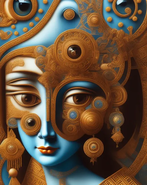 a digital painting by hannah hoch of a mona lisa in an ornate detailed tribal mask, carved animals, depth, city background, 3d rendering, ambient occlusion render, specular highlights, fibonacci, spiral tunnels, surrealist aesthetic, neo-dada, weird, experimental, elaborate, complex, deep, depth