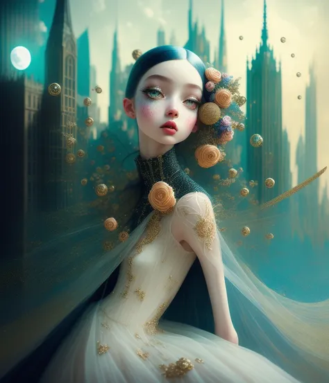 Digital art by Ray Caesar,  a beautiful woman, 3d render, crisp, hdrp, complex emotions, confused, surprised, ((Backscatter)), reflections, elongated, crystals, fractals, fibonacci, spiral tunnels, spirals, whimsical, stretched, pop surrealism, tarot card, rococo, pre-raphaelite, deep detail, depth, long eyelashes, silk stockings, garters, ornate clothes, dynamic pose, action shot, couch, coffee table, living room furniture, dark pallet, surrealist aesthetic, modern surrealism, moonlight, expansive background, dingey, grime, detailed, pores, detailed skin, ornate, complex, detailed render, intricate setting, city, tall buildings, cinema4d, 8k