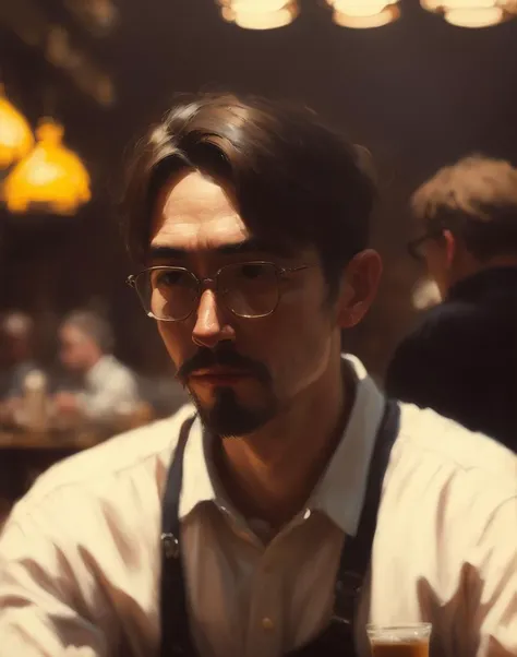 there is a man sat down, a painting of a character in a caf environment, a character portrait, artstation hd, detailed painting, photo taken with provia, kodak portra, film grain, featured on unsplash, film grain, cinematic view, photo taken with provia