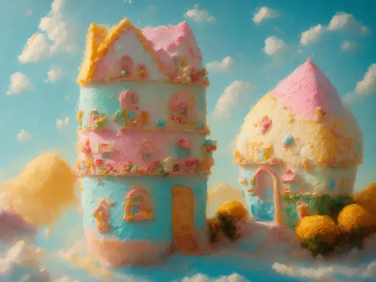 a painting of a happy house made of icecream, luminous, up-lifting, a character portrait, artstation hd, detailed painting, photo taken with provia, kodak portra, film grain, featured on unsplash, film grain, cinematic view, photo taken with provia