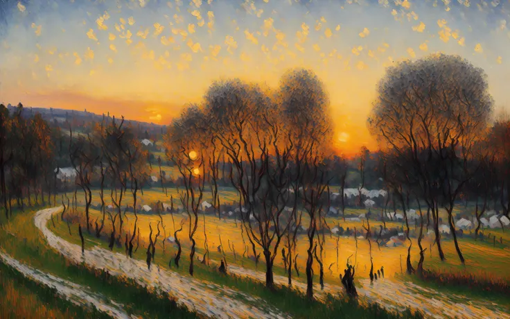 painting of a dramatic landscape, art by Pissarro, (large brush strokes:1.6), acrylic, inspired by the painting 'Sunset 1872' by Camille Pissarro, artstation hd, painting masterpiece, featured on unsplash, [monochromatic]