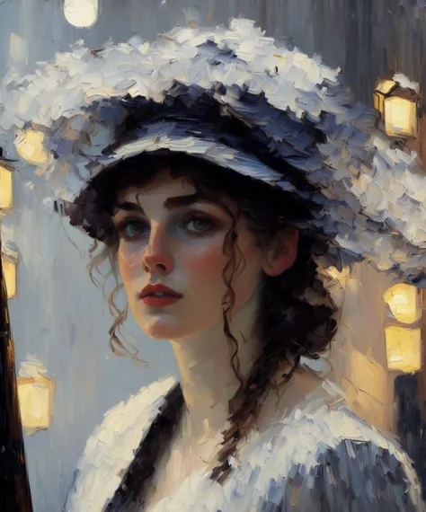 painting of a gorgeous woman portrait, art by Pissarro, dynamic, (large brush strokes:1.6), acrylic, inspired by the painting 'Montmartre Night' by Camille Pissarro, ('shadow recovery'), HDR, artstation hd, painting masterpiece, featured on unsplash, (monochromatic, desaturated)