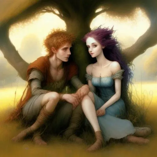 painting of two young wild people sitting next to each other in a field  trees  the background, epic fantasy, fantasy art, Brian Froud, a fine art painting,ariel,divine,high quality