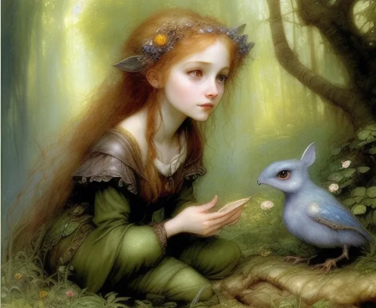 a wild girl talking with a little creature , forest,epic fantasy,fantasy art,arthur hughes and brian froud,a fine art paiting,high quality,hiper detailed