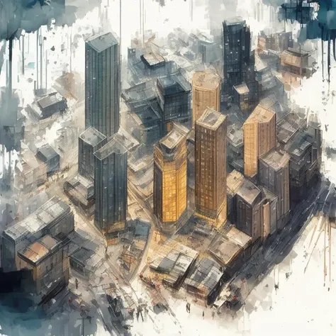 architectural water colour ink painting of a skyscraper, mixed use commercial and residential, axonometric view, by (Antoine Blanchard:1.5), ink splashing, paint brush strokes, beautifully detailed, three-dimensional greenery, street planting, urban space, breathtaking urban design