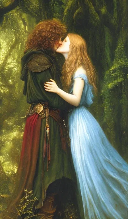 paiting of two young wild people kissing in a forest,
mystic forest,epic fantasy,fantasy art,arthur hughes and brian froud,a fine art paiting,high quality,hiper detailed ,,divine,the girl have blonde hair,man brown hair,maximalism