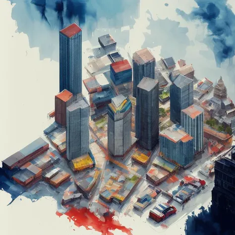 architectural water colour ink painting of a skyscraper, mixed use commercial and residential, axonometric view, by (Antoine Blanchard:1.5), ink splashing, paint brush strokes, beautifully detailed, three-dimensional greenery, street planting, urban space, breathtaking urban design, [<lora:Architectural Design Sketches with Markers v1:0.2>:<hypernet:Abstract Painting:0.4>:<lora:Urban Scene 15 v1:0.4>:,15,25:catmull]