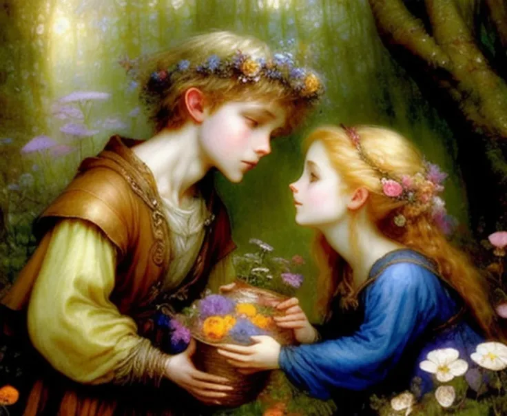 a boy gifting a girl with a flower bucket, mystic forest,epic fantasy,fantasy art,arthur hughes and brian froud,a fine art paiting,high quality,hiper detailed ,,divine,the girl have blonde hair,man brown hair,maximalism,twilight