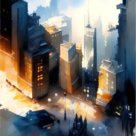 an Antoine Blanchard (Diego Gisbert Llorens:0.33) watercolor painting of a skyscraper in the middle of a cityscape with buildings in the background, (tiny people, tiny trees), (paint brush strokes:1.33), (ambient lighting:0.1)
