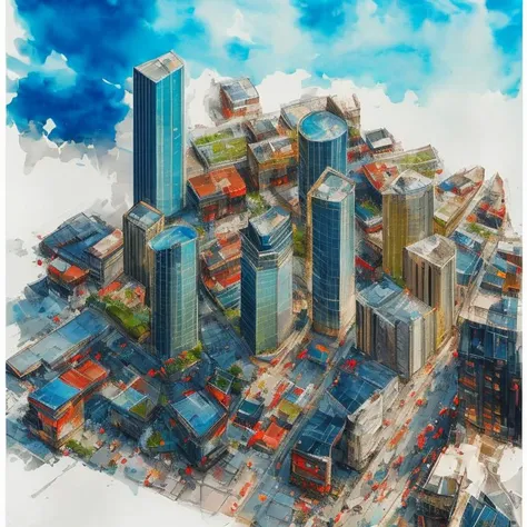architectural water colour ink painting of a skyscraper, mixed use commercial and residential, axonometric view, by (Antoine Blanchard:1.5), ink splashing, paint brush strokes, beautifully detailed, three-dimensional greenery, street planting, urban space, breathtaking urban design