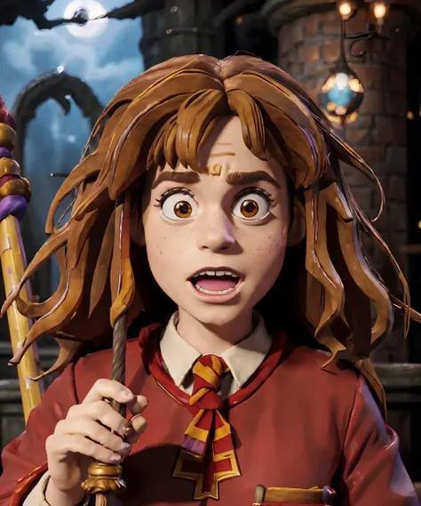 claymation, 80's anime style,
Portrait of Hermione Granger wearing Gryffindor wizarding robes at Hogwarts, ((1girl, solo)),
Wizard robes, wizard staffs, curly hair,
Responsive house, Hogwarts, Gryffindor, Forbidden Forest, Eight-Eyed Spider, Dragons, Unicorns, Trolls,
(zrpgstyle) (masterpiece:1.2) (illustration:1.1) (best quality:1.2) (detailed) (intricate) (8k) (HDR) (wallpaper) (cinematic lighting) (sharp focus) (Style-HogLegacy2:0.8) , <lora:fongletsHermioneGranger_v11:0.5>