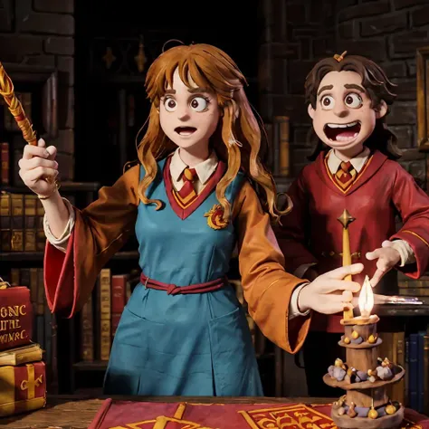 claymation, 80's anime style,
Hermione Granger wore Hogwarts' Gryffindor wizarding robes and waved her wand to concentrate on magic, she quickly incants the spell, points her wand at the target, and lightly flicks her wand.,
1girl, solo, Red wizard robes,
Responsive house,
(zrpgstyle) (masterpiece:1.2) (illustration:1.1) (best quality:1.2) (detailed) (intricate) (8k) (HDR) (wallpaper) (cinematic lighting) (sharp focus) (Style-HogLegacy2:0.8) <lora:fongletsHermioneGranger_v11:0.5>
