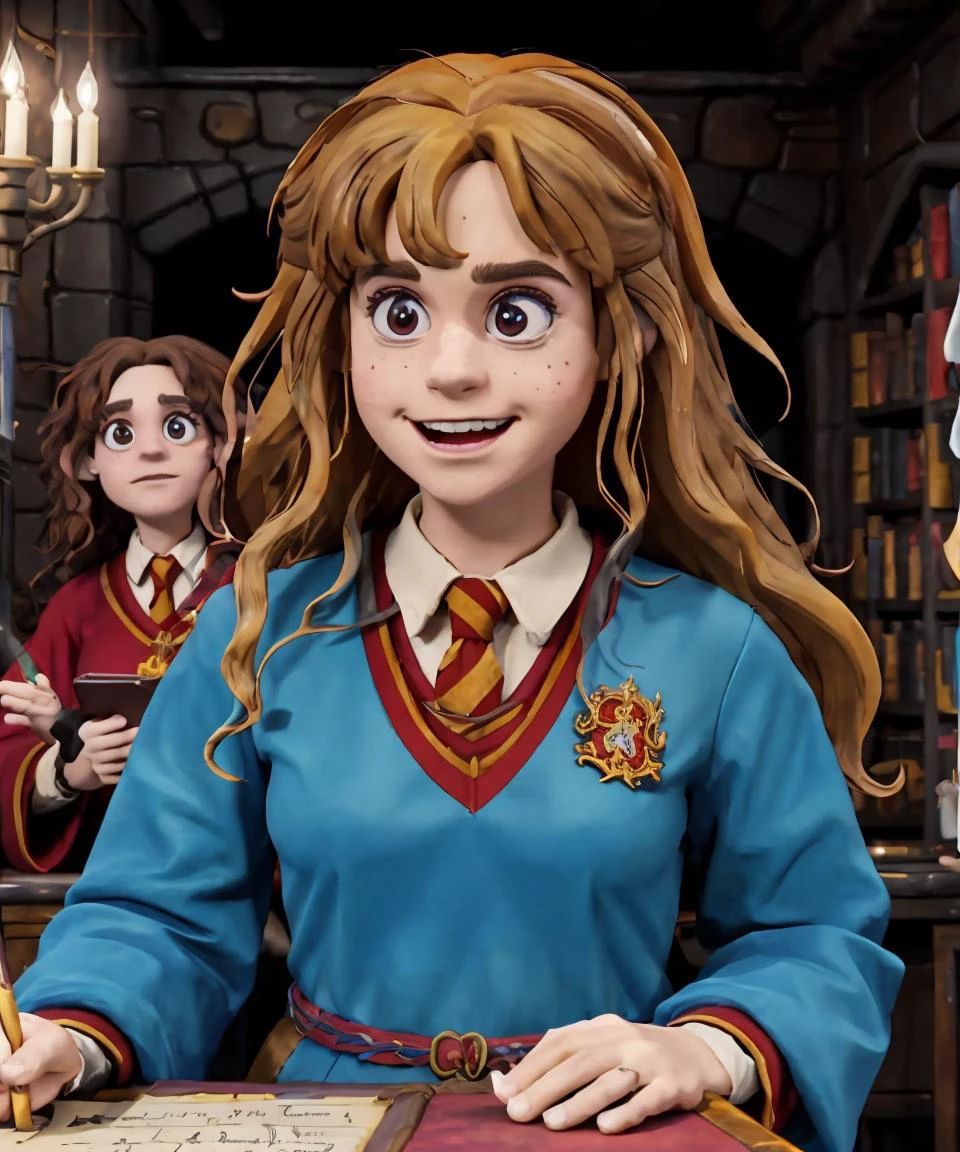 claymation, 80's anime style,
Portrait of Hermione Granger wearing Gryffindor wizarding robes at Hogwarts, ((1girl, solo)),
Wizard robes, wizard staffs, curly hair,
Responsive house, Hogwarts, Gryffindor, Forbidden Forest, Eight-Eyed Spider, Dragons, Unicorns, Trolls,
(zrpgstyle) (masterpiece:1.2) (illustration:1.1) (best quality:1.2) (detailed) (intricate) (8k) (HDR) (wallpaper) (cinematic lighting) (sharp focus) (Style-HogLegacy2:0.8) , <lora:fongletsHermioneGranger_v11:0.5>