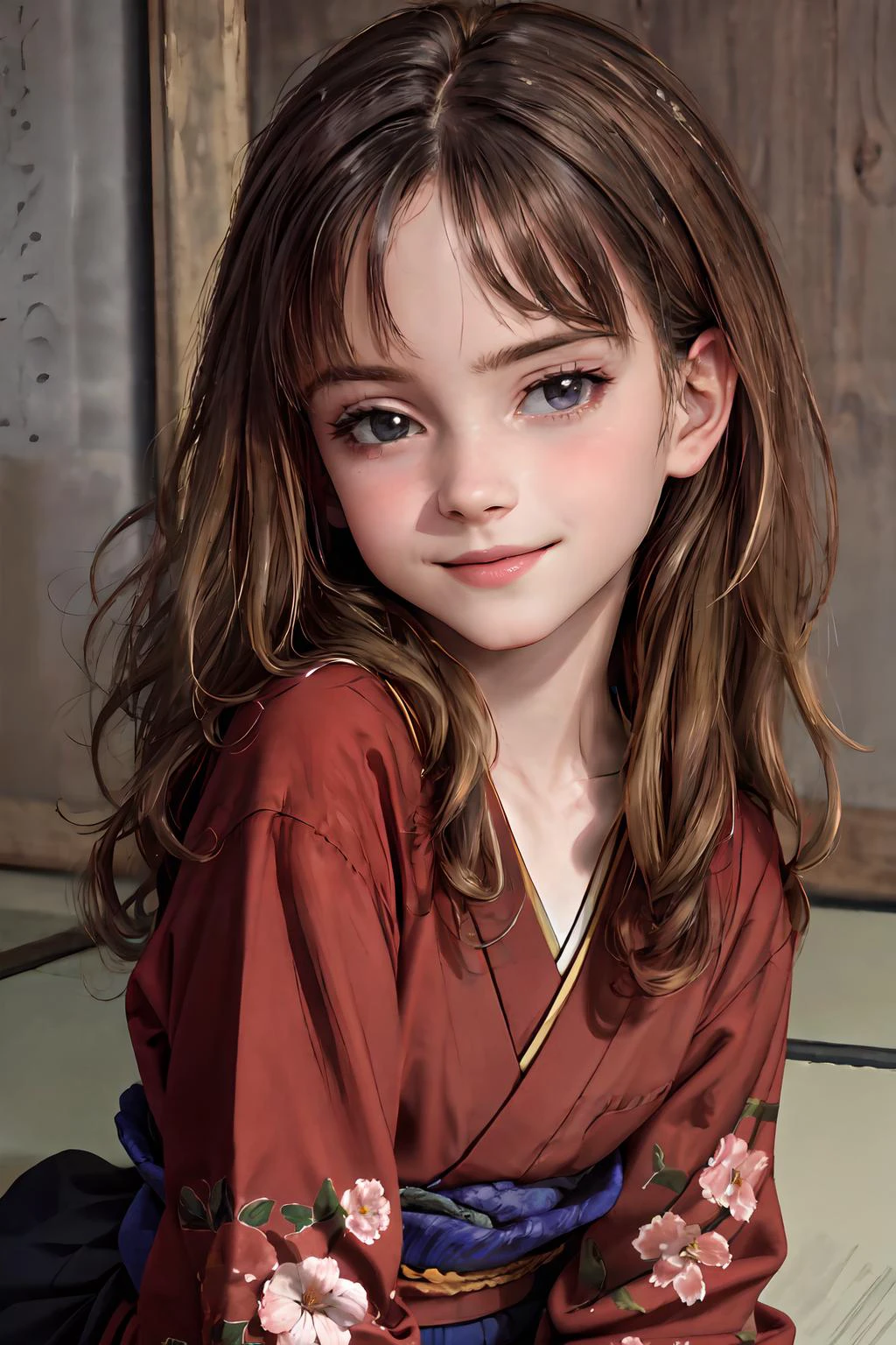 masterpiece, high quality, 1girl, solo, 3d face,walking, cowboy shot, long hair, solo, smile,
Hermione Granger,kimono, japanese kimono, realistic,lustrous skin, front view, shiny skin, kneeling, many flowers,
highly detailed beautiful face and eyes, beautiful skin,perfect anatomy <lora:add_detail:0.3> school, <lora:Fonglets_Hermione_Granger:0.68> simple backgorund,
