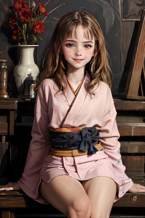 masterpiece, high quality, 1girl, child, solo, 3d face,walking, cowboy shot, long hair, solo, smile,
Hermione Granger,kimono, japanese kimono, realistic,lustrous skin, front view, shiny skin, sitting, many flowers,
highly detailed beautiful face and eyes, beautiful skin,perfect anatomy <lora:add_detail:0.3> school, <lora:Fonglets_Hermione_Granger:0.68> simple backgorund,