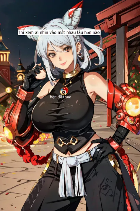 ((Big breasts)),((Big breasts)), 1girl, solo, looking at viewer, smile, gloves, brown eyes, jewelry, white hair, food, horns, pants, blurry, hand on hip, hair rings, yin yang, baozi <lora:Qi-09:0.9>, castle, dark, fire, broken earth, arm armor, boxing hand, metal boxing gloves, puff cheeks, ( dumplings in hand),, Low fade