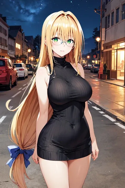 masterpiece, best quality, highres, aatearju, very long hair, low-tied long hair, hair ribbon, green eyes, glasses, large breasts, sweater dress, turtleneck, sleeveless, night, street,