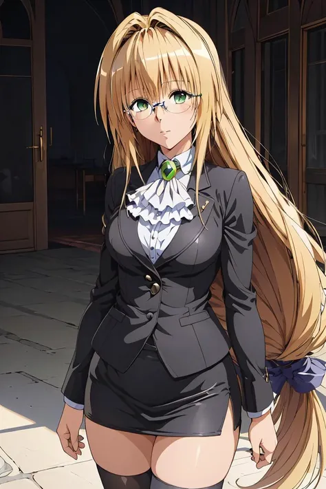 (masterpiece, best quality), 1girl,   <lora:tearju_lunatique_v1:1> aatearju, very long hair, low-tied long hair, hair ribbon, green eyes, glasses, large breasts, white ascot, black jacket, long sleeves, black skirt