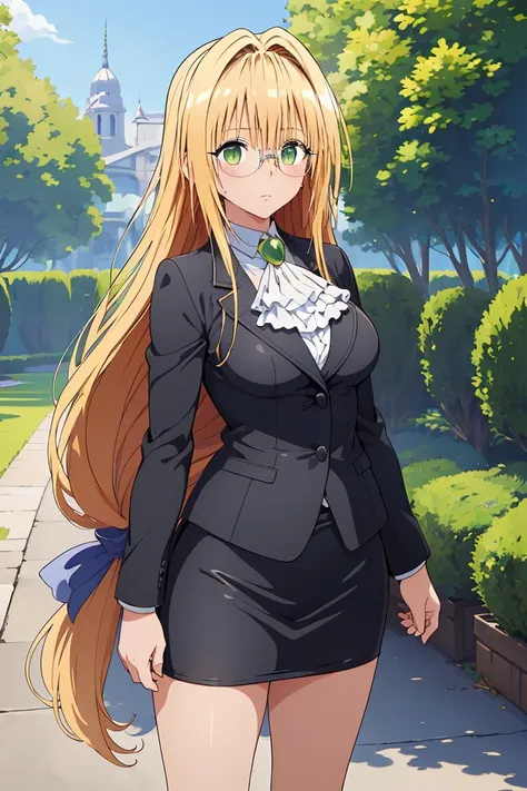 (masterpiece, best quality), 1girl,   <lora:tearju_lunatique_v1:1> aatearju, very long hair, low-tied long hair, hair ribbon, green eyes, glasses, large breasts, white ascot, black jacket, long sleeves, black skirt