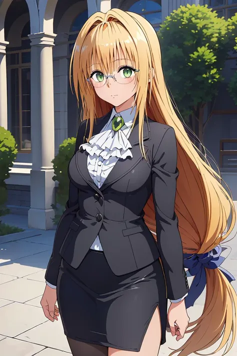 (masterpiece, best quality), 1girl,   <lora:tearju_lunatique_v1:1> aatearju, very long hair, low-tied long hair, hair ribbon, green eyes, glasses, large breasts, white ascot, black jacket, long sleeves, black skirt