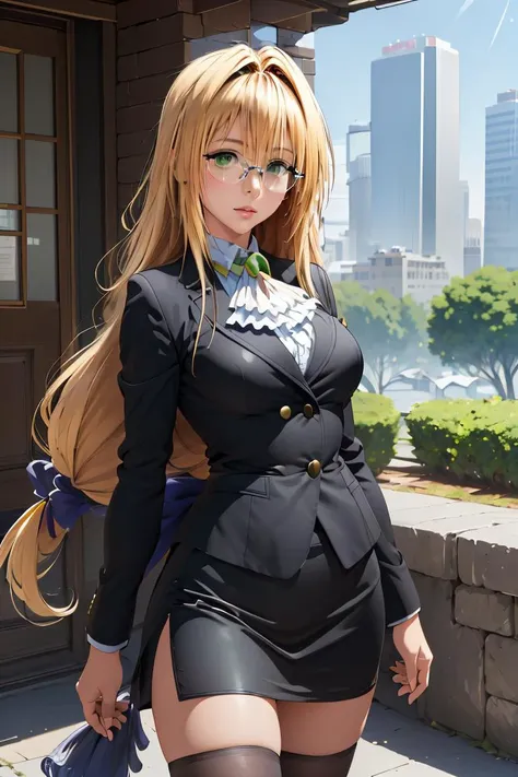 (masterpiece, best quality), 1girl,   <lora:tearju_lunatique_v1:1> aatearju, very long hair, low-tied long hair, hair ribbon, green eyes, glasses, large breasts, white ascot, black jacket, long sleeves, black skirt