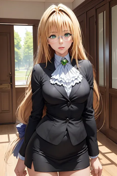 (masterpiece, best quality), 1girl,   <lora:tearju_lunatique_v1:1> aatearju, very long hair, low-tied long hair, hair ribbon, green eyes, glasses, large breasts, white ascot, black jacket, long sleeves, black skirt