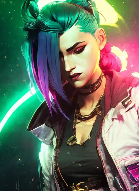 sks jinx, jinx detailed portrait vanpire neon operator ((sks woman)), cyberpunk futuristic neon, reflective puffy coat, decorated with traditional japanese ornaments by ismail inceoglu dragan bibin hans thoma greg rutkowski alexandros pyromallis nekro rene maritte illustrated, perfect face, fine details, realistic shaded, fine - face, pretty face
