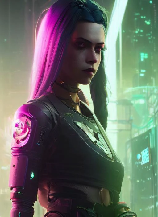 sks jinx, jinx Detailed portrait cyberpunk (sks woman), futuristic neon reflective wear, sci-fi, robot parts, ismail inceoglu dragan bibin hans thoma greg rutkowski alexandros pyromallis nekro rene margitte illustrated, perfect face, machine face, fine details, realistic shaded, intricate, elegant