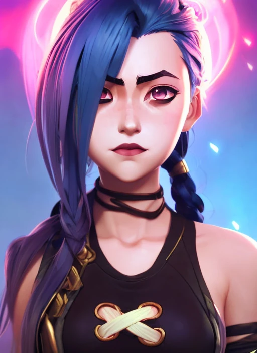 sks jinx, jinx Closeup face portrait of (((sks woman))), smooth soft skin, big dreamy eyes, beautiful intricate colored hair, symmetrical, anime wide eyes, soft lighting, detailed face, by makoto shinkai, stanley artgerm lau, wlop, rossdraws, concept art, digital painting, looking into camera