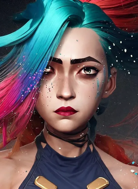 sks jinx, jinx award winning half body portrait of sks woman in a croptop and cargo pants with ombre navy blue teal hairstyle with head in motion and hair flying, paint splashes, splatter, outrun, vaporware, cell shaded, (octane render:1), trending on artstation, highly detailed, fine detail, intricate
