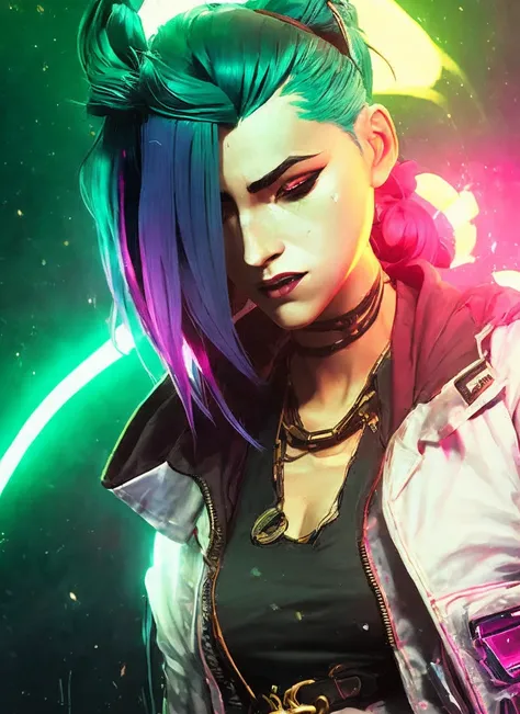 sks jinx, jinx detailed portrait vanpire neon operator ((sks woman)), cyberpunk futuristic neon, reflective puffy coat, decorated with traditional japanese ornaments by ismail inceoglu dragan bibin hans thoma greg rutkowski alexandros pyromallis nekro rene maritte illustrated, perfect face, fine details, realistic shaded, fine - face, pretty face
