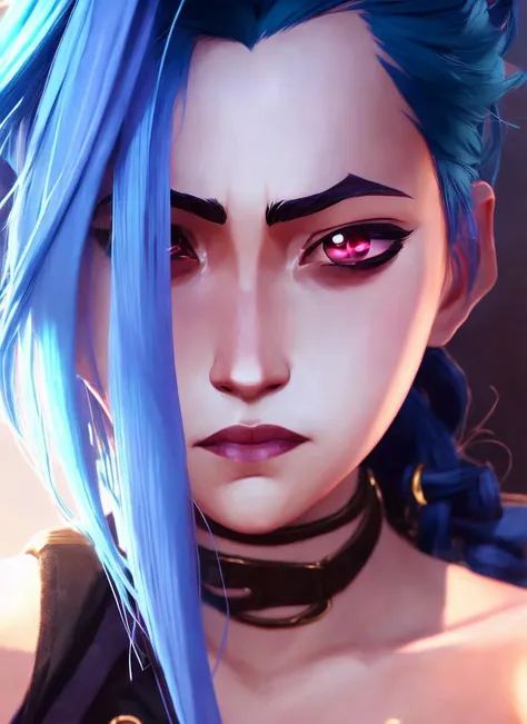 sks jinx, jinx Closeup face portrait of (((sks woman))), smooth soft skin, big dreamy eyes, beautiful intricate colored hair, symmetrical, anime wide eyes, soft lighting, detailed face, by makoto shinkai, stanley artgerm lau, wlop, rossdraws, concept art, digital painting, looking into camera