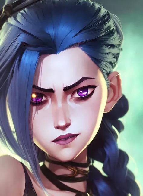 sks jinx, jinx Closeup face portrait of (((sks woman))), smooth soft skin, big dreamy eyes, beautiful intricate colored hair, symmetrical, anime wide eyes, soft lighting, detailed face, by makoto shinkai, stanley artgerm lau, wlop, rossdraws, concept art, digital painting, looking into camera