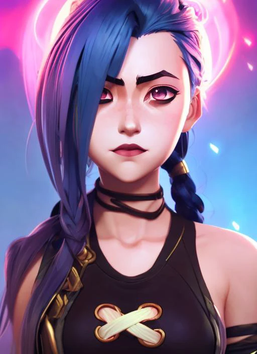 sks jinx, jinx Closeup face portrait of (((sks woman))), smooth soft skin, big dreamy eyes, beautiful intricate colored hair, symmetrical, anime wide eyes, soft lighting, detailed face, by makoto shinkai, stanley artgerm lau, wlop, rossdraws, concept art, digital painting, looking into camera
