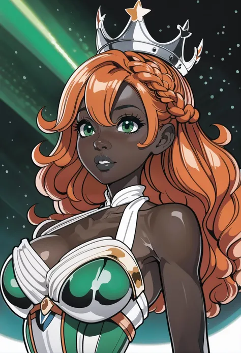 soft outlines, soft body, welcoming, 1girl, reaper, iridescent red-orange hair with sea green highlights, french braids,Crown Braid, (full body:1), [:creative costume design:0.2], (dark skin:1.3), gradient background, on a Japanese space cruise ship, bombshell hair, glowing gray hair, hair ribbon, star hands<lora:EnvyBeautyXL02:1>