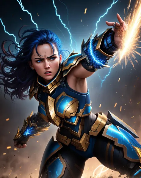 4K, Masterpiece, highres, absurdres, 
edgThunderstruck, a woman fighting, with a blue and gold armor ,wearing edgThunderstruck_armor, electrified, weilding thunder
 <lora:edgThunderstruck:0.35>