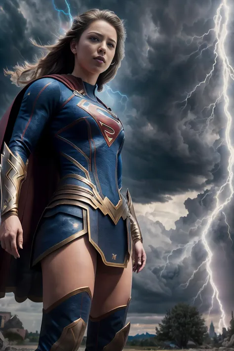 (raw photo, masterpiece, best quality, high detail), (8k, view from below, low angle, cinematic lighting, photorealistic, realistic), pov from below, 1girl, beautiful supergirl:.1 wearing edgThunderstruck_armor:1.6 floating in the sky, outdoors, (edgThunderstruck:1.4), (weilding thunder), (electrified:1.4), blonde, blue eyes, boots, hovering, superhero, bloom:.6, (serious), clouds,  <lora:Supergirl:.1> <hypernet:sxzBloom_sxzBloom:.6> <lora:edgThunderstruck:1>