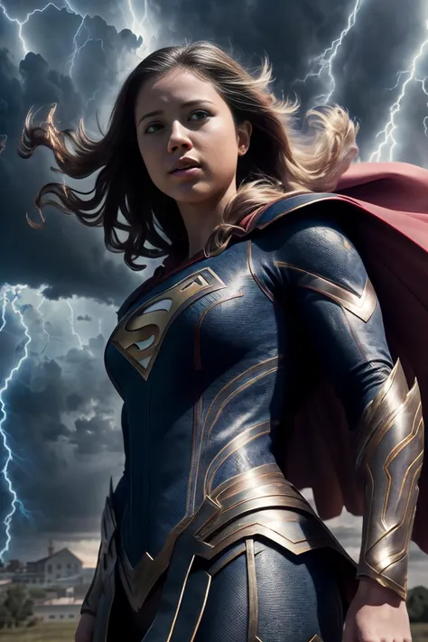 (raw photo, masterpiece, best quality, high detail), (8k, view from below, low angle, cinematic lighting, photorealistic, realistic), pov from below, 1girl, beautiful supergirl:.1 wearing edgThunderstruck_armor:1.6 floating in the sky, outdoors, (edgThunderstruck:1.4), (weilding thunder), (electrified:1.4), blonde, blue eyes, boots, hovering, superhero, bloom:.6, (serious), clouds,  <lora:Supergirl:.1> <hypernet:sxzBloom_sxzBloom:.6> <lora:edgThunderstruck:1>