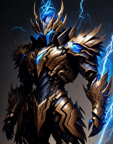 4K, Masterpiece, highres, absurdres,
edgThunderstruck, a male character with a blue and gold armor ,wearing edgThunderstruck_armor, electrified, weilding thunder
 <lora:edgThunderstruck:0.75>