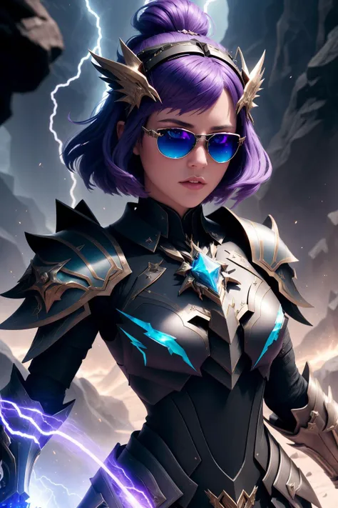 a  photo of a small-boned [siren|temptress] , edgThunderstruck, a woman with sunglasses  in armor,lightning bolt ,wearing edgThunderstruck_armor, electrified, weilding thunder, <lora:edgThunderstruck:0.725>,  perfect face, pretty face, green eyes, purple hair, very short hair, flat chest, lush detail, absurdres, in a crytal cave,