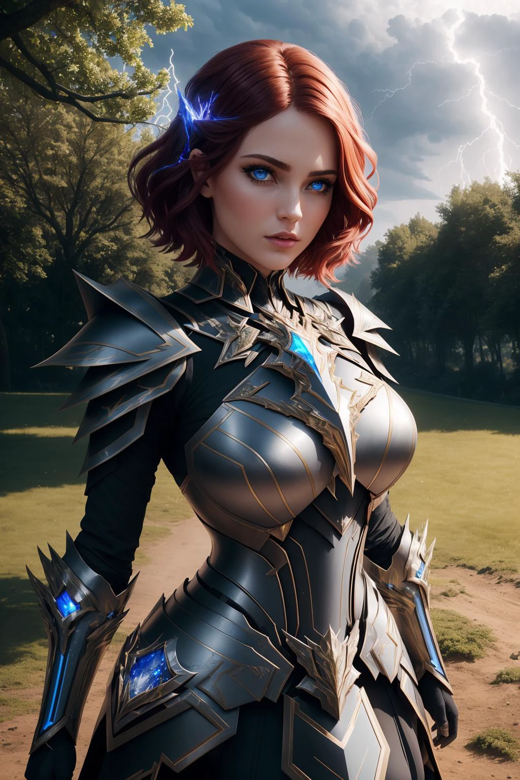 a  portrait of a statuesque [seductress|babe] , edgThunderstruck, a woman   in armor,lightning bolt ,wearing edgThunderstruck_armor, electrified, weilding thunder, <lora:edgThunderstruck:0.725>, dainty, perfect face, pretty face, Sapphire eyes, dark red hair, very short hair, large breasts, lush detail, absurdres, in an orchard,
