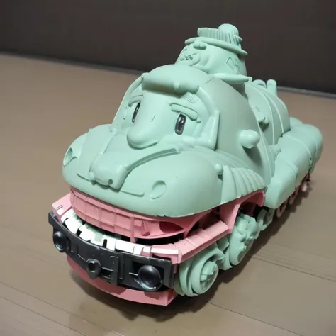 solo, food, no humans, colored skin, KTMN, dish, wagashi, evil_grin, <lora:molars_only_v2:0.7>, tankengine, mecha, steampunk, green skin, choo-choo-train