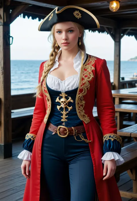 score_9, score_8_up, score_7_up,  1girl (medium full shot) of (angelic young woman:1.1) pirate swedish with blonde hair in a braid, blue eyes, fair skin, slender,             wearing Crimson velvet coat adorned with gold embroidery, fitted black trousers, wide-brimmed hat, sturdy boots, beaded jewelry, wielding rapier with a slender blade and ornate hilt, ,one arm behind her head, skipping like a ***********,  satisfied,           in  raucous tavern or waterfront alehouse, with rough-hewn tables and benches, flickering lanterns, and raucous sea shanties sung by drunken sailors and rowdy revelers, as well as with opportunities for gambling, brawling, and carousing , at sunset Masterpiece,best quality, photorealistic, amazing quality, very aesthetic, extremely detailed face,